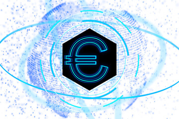 Poster - Digital Euro symbol with abstract blue binary code data waves on a white background, representing the concept of cryptocurrency or digital currency