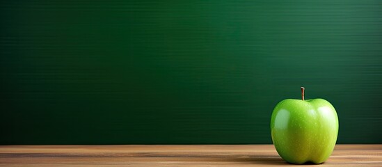 Aufkleber - An isolated green apple with a pen stand rests on a wooden background creating an attractive copy space image
