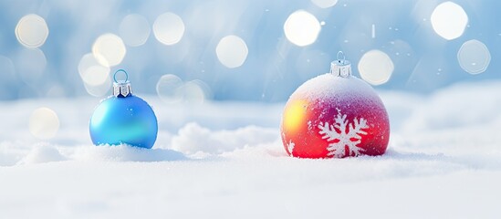 Aufkleber - Close up of a colorful Christmas decoration on snow with ample copy space image
