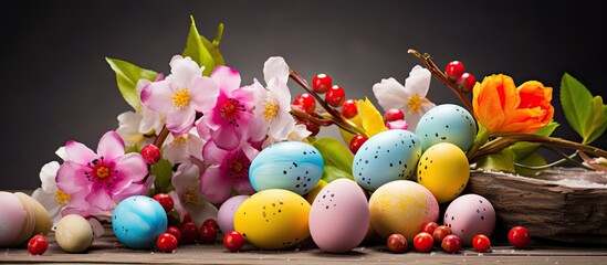 Wall Mural - An Easter themed arrangement adorned with colorful eggs and candies perfect for capturing a charming copy space image