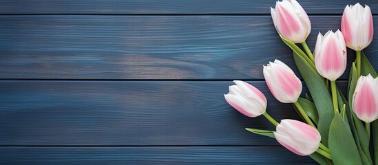 Aufkleber - A top down view of white and pink tulip flowers resting on a blue wooden table creating a visually pleasing image with ample copy space