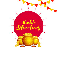 Canvas Print - Shubh (Happy) Dhanteras poster design with three pots full of gold coins and illuminated oil lamps (Diya) on bunting flag decorated png background.