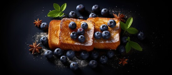 Poster - Top view of French toasts embellished with maple syrup and blueberries presented on a dark background with ample copy space