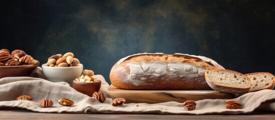 Poster - A rustic slate plate with a hessian table cloth showcasing a delicious copy space image of fresh sourdough bread topped with nuts