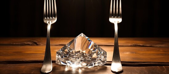 Poster - On the table there is a tuning fork and a crystal with plenty of empty space around them for a background image. Creative banner. Copyspace image