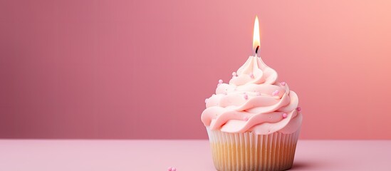 Aufkleber - A birthday cupcake with buttercream icing and a candle set against a pink pastel background There is a space available for text. Creative banner. Copyspace image