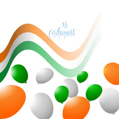 Sticker - 15th August Celebration Backround Decorate with Wavy Flag and Tricolor Balloons.