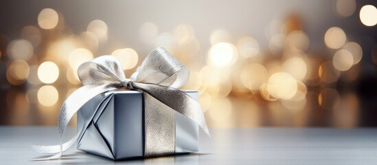 Poster - a shiny and silver christmas decoration with a gift box on a shiny background creates a visually str