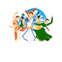 Sticker - Indian women in different dancing pose with Ashoka Wheel on Indian flag color background for Happy Independence Day celebration concept.