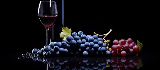 Canvas Print - A bottle of red wine and blue grapes placed on a black reflective background providing a copy space image