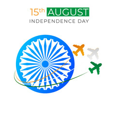 Poster - 15th August, Independence Day poster or template design with Ashoka Wheel and paper cut airplane in Indian tricolor.