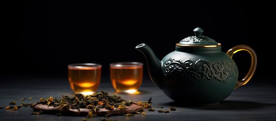 Poster - Copy space image of a tea composition featuring a teapot set against a dark background