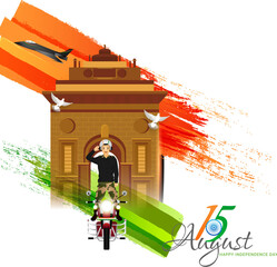 Wall Mural - Illustration of Bikers performing stunts on bullet in front of India Gate for Pride Of India celebration, 15th August, Happy Independence Day.