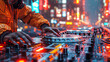 © tynza - A close-up of DJ console with DJ's hands spinning records and mixing music at vibrant neon lights backdrop.