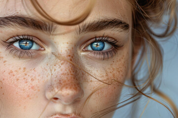 Close-up of blue-eyed woman with freckles and light brown hair. High-resolution macro photography. Beauty and natural look concept. Design for poster and print. Extreme close-up