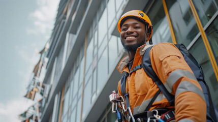 A candid portrait of a black African smiling industrial climber. The man in the orange jacket is a professional window cleaner in skyscrapers