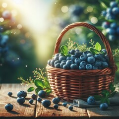 A rustic basket with fresh blueberries on a wooden table and a blurred natural background