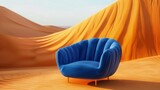 Fototapeta  - A blue couch is in a room with a large archway and a view of a desert