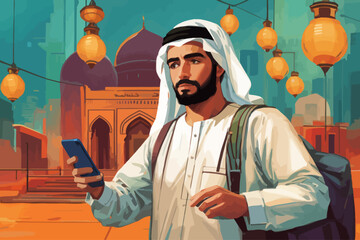 arabic man sending event photos on phone illustration