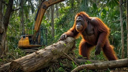 Wall Mural - orangutans and excavators