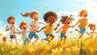 © tanongsak - A captivating illustration of a group of diverse children laughing and playing together in a sun-drenched meadow, embodying the joy of childhood and outdoor activities.