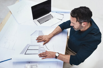 Aufkleber - Man, architect and drawing design for house renovation or project planning with draft, blueprint or floor plan. Male person, desk and creative engineering or building contractor, approval or home