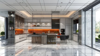 Wall Mural - A modern kitchen with a marble countertop and a large island