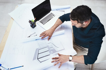 Aufkleber - Man, architect and drawing blueprint for engineering or creative development, renovation or project planning. Male person, draft and floor plan designer or sketch tools for building, home or property