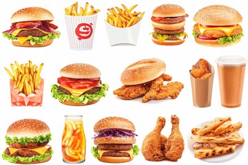 Poster - Various fast food items such as burgers, fries, pizza, hot dogs, and tacos arranged together in a colorful collage. Generative AI