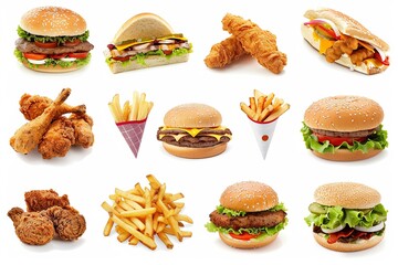 Poster - A collection of different types of food neatly arranged on a plain white background. Generative AI