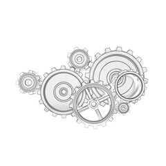 Poster - A set of interconnected metallic gears on a white background in a sketch style, symbolizing machinery or mechanical concept