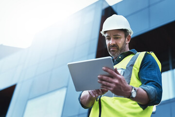 Poster - Man, architecture and tablet in outdoor as contractor for building floor plan, safety and design for development project. Male engineer, industrial and construction with tech for structure process