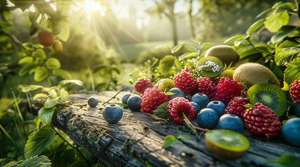 Wall Mural - Assorted Fresh Berries on a Rustic Wooden Table, Vibrant and Healthy Summer Fruits