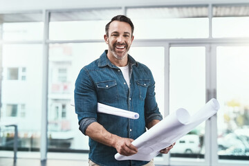 Poster - Architect, man and portrait by reading blueprint for design of building floor plan, safety and development of project. Smile, engineer and construction worker with documents for sketch of remodeling