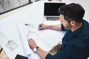 Aufkleber - Man, architect and drawing blueprint for building development for creative process, renovation or project. Male person, floor plan and brainstorming for design engineer or house, laptop or contractor