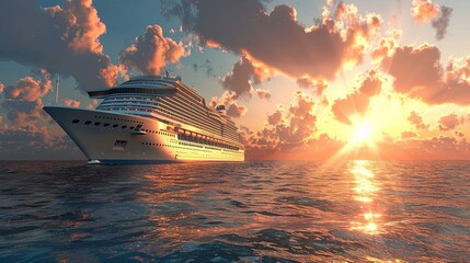 Poster - A massive cruise ship glides through the open ocean, surrounded by vast blue waters under a clear sky. Generative AI