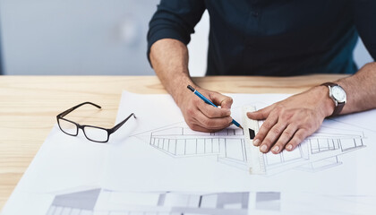 Aufkleber - Person, hands and drawing architecture blueprint or creative design or engineering, brainstorming or project planning. Desk, floor plan and building renovation or development process, ruler or sketch
