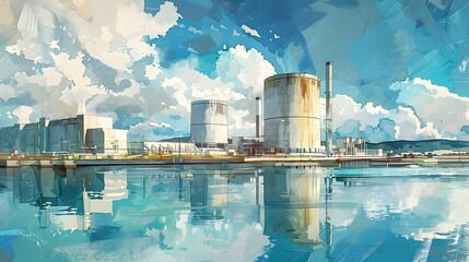 Poster - Watercolor Cityscape of Nuclear Power Plant Decommissioning and Nuclear Waste Management in Cinematic Photographic Style