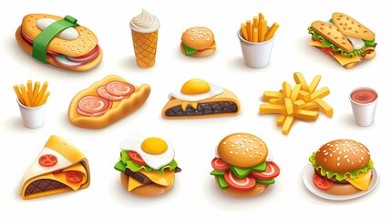 Aufkleber - Various types of food items including fruits, vegetables, meats, and bread arranged on a white surface. Generative AI