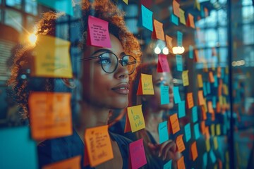 Woman examining sticky notes on glass wall