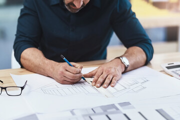 Aufkleber - Architecture, man and blueprint on table for drawing, sketch and construction plan design. Hands of architect, creativity and ruler with pencil to measure distance, scale layout or accuracy in office