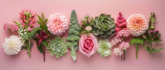 Wall Mural - A row of flowers and plants are arranged in a line on a pink background