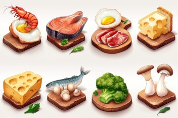 Aufkleber - A variety of food items, ranging from fruits and vegetables to snacks and beverages, are displayed on a clean white background. Generative AI