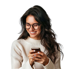 Smiling Young Woman with Wavy Hair Using Smartphone Isolated on Transparent Background