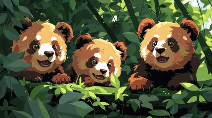 Wall Mural - Charming baby pandas smiling and playing on a tree branch in an endearing display of cuteness