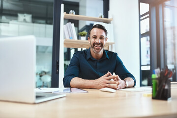 Aufkleber - Mature, man and portrait in office with technology by desk for online work, happy and proud as company executive. Internet, businessman and interior designer for creative agency and startup business.