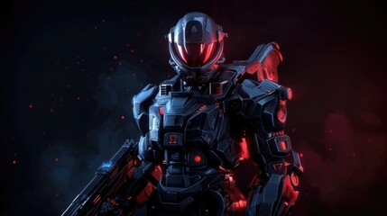 3d illustration of night action scene of sci-fi mech soldier standing with two assault guns on dark background
