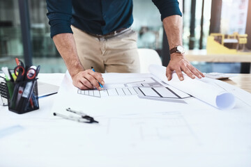 Aufkleber - Architect, hands and blueprint on table for drawing, sketch and construction design in office. Architecture, creativity or person with pen for renovation, floor plan and layout planning in workplace