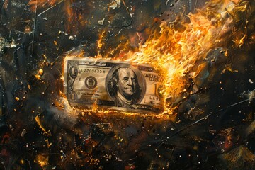 Burning dollar bill, concept of depreciation, bankruptcy