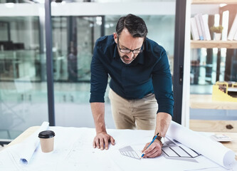 Aufkleber - Architecture, blueprint and man in office, thinking and building planner and construction with design. Industry, employee and entrepreneur with documents, schematics for remodelling and planning